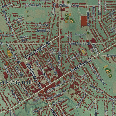 Close-up of the map of Norwalk, Ohio print showing street and building detail