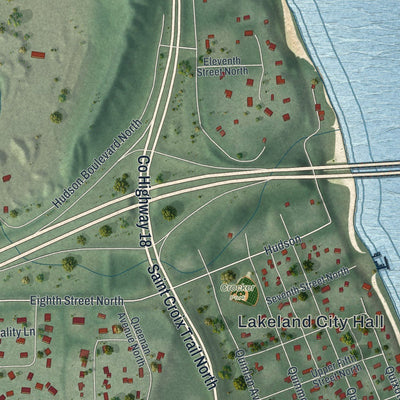 Close-up of the map of Lakeland, Minnesota print showing street and building detail