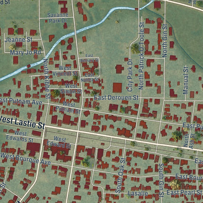 Close-up of the map of Erath, Louisiana print showing street and building detail
