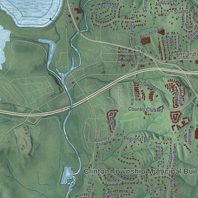 Close-up of the map of Clinton, Hunterdon County, New Jersey print showing street and building detail