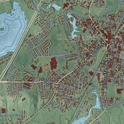 Close-up of the map of Attleboro, Massachusetts print showing street and building detail