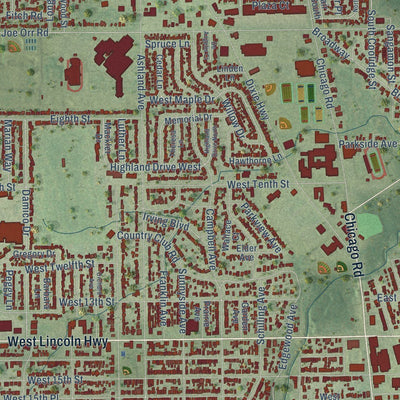 Close-up of the map of Chicago Heights, Illinois print showing street and building detail