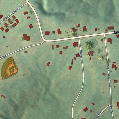 Close-up of the map of Lowndesville, South Carolina print showing street and building detail