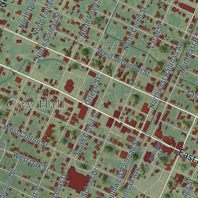 Close-up of the map of Ville Platte, Louisiana print showing street and building detail