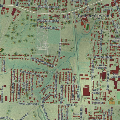 Close-up of the map of Bolivar, Missouri print showing street and building detail