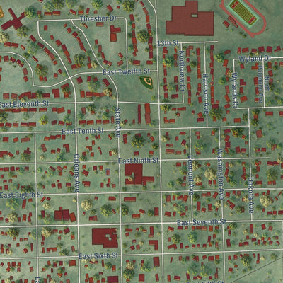 Close-up of the map of Dell Rapids, South Dakota print showing street and building detail