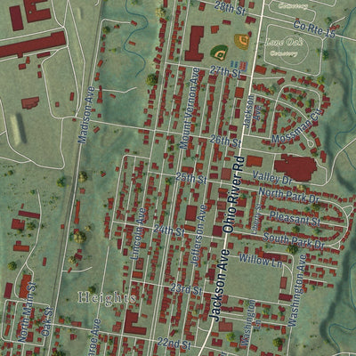Close-up of the map of Point Pleasant, West Virginia print showing street and building detail