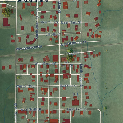 Close-up of the map of Burnettsville, Indiana print showing street and building detail