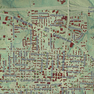 Close-up of the map of Cameron, Missouri print showing street and building detail