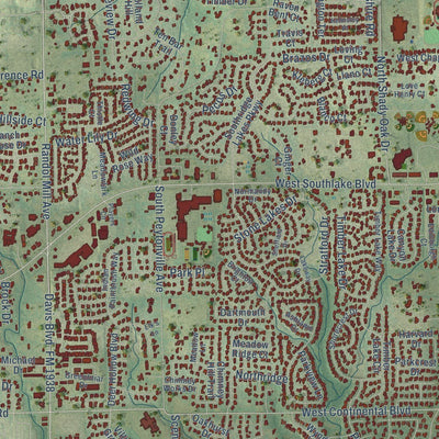 Close-up of the map of Southlake, Texas print showing street and building detail