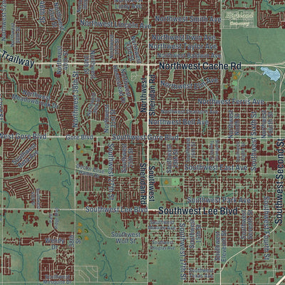 Close-up of the map of Lawton, Oklahoma print showing street and building detail