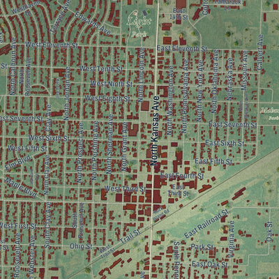 Close-up of the map of Liberal, Kansas print showing street and building detail