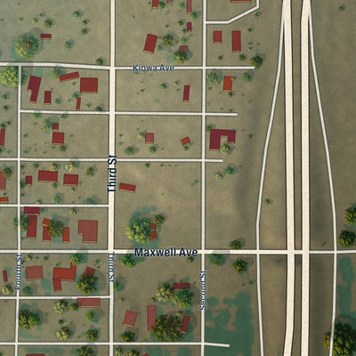 Close-up of the map of Maxwell, New Mexico print showing street and building detail