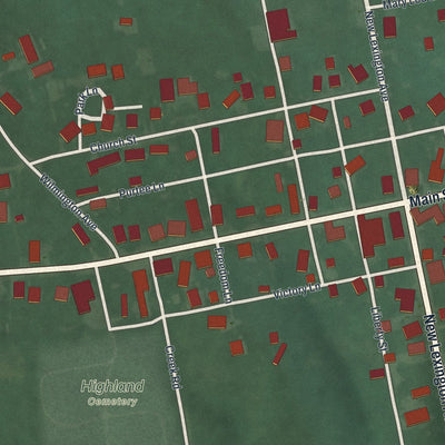 Close-up of the map of Highland, Ohio print showing street and building detail