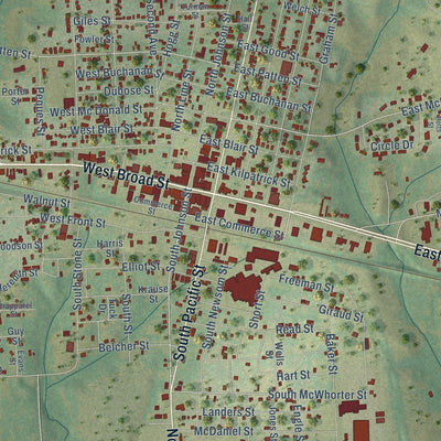 Close-up of the map of Mineola, Texas print showing street and building detail