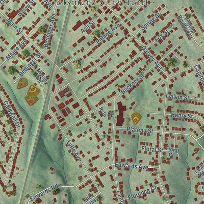 Close-up of the map of Elsmere, Kentucky print showing street and building detail