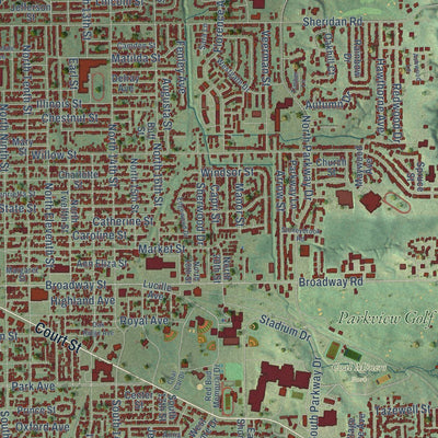 Close-up of the map of Pekin, Illinois print showing street and building detail