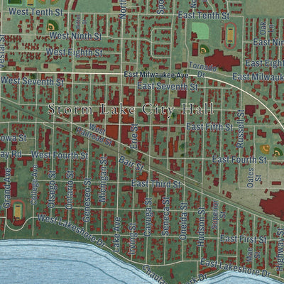 Close-up of the map of Storm Lake, Iowa print showing street and building detail