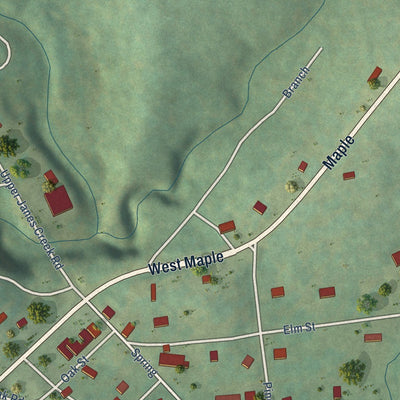 Close-up of the map of Ravenden Springs, Arkansas print showing street and building detail