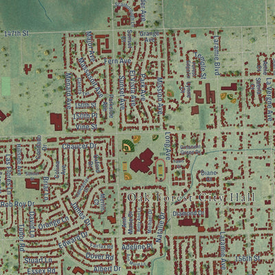 Close-up of the map of Oak Forest, Illinois print showing street and building detail