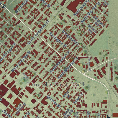 Close-up of the map of Lincoln, Illinois print showing street and building detail