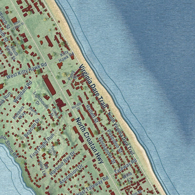 Close-up of the map of Kitty Hawk, North Carolina print showing street and building detail