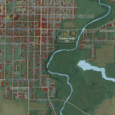 Close-up of the map of Upper Sandusky, Ohio print showing street and building detail