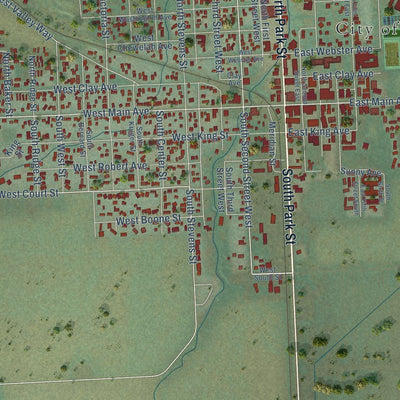 Close-up of the map of Chewelah, Washington print showing street and building detail