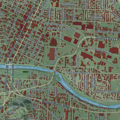 Close-up of the map of Grants Pass, Oregon print showing street and building detail