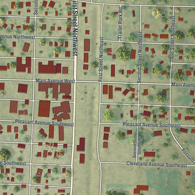Close-up of the map of Twin Valley, Minnesota print showing street and building detail