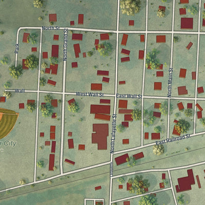 Close-up of the map of Corder, Missouri print showing street and building detail