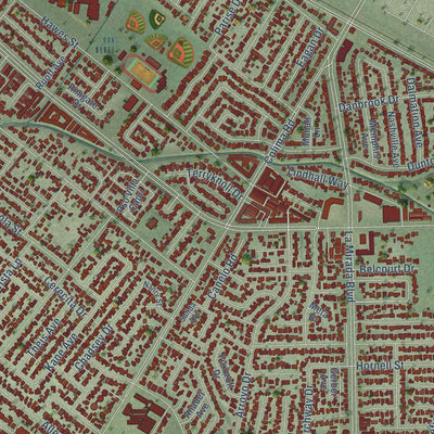 Close-up of the map of South Whittier, California print showing street and building detail