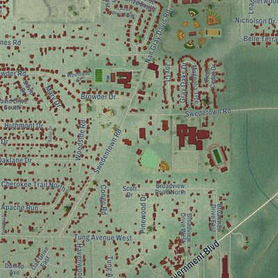 Close-up of the map of Theodore, Alabama print showing street and building detail