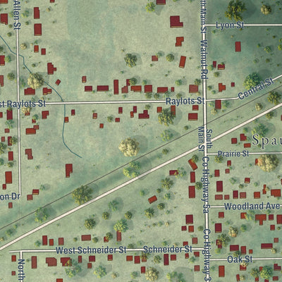 Close-up of the map of Spaulding, Illinois print showing street and building detail