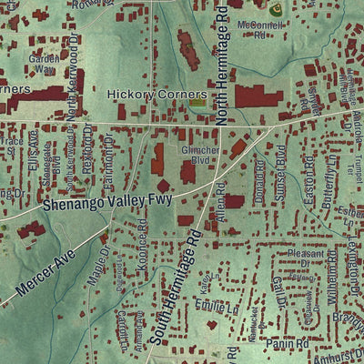 Close-up of the map of Hermitage, Pennsylvania print showing street and building detail