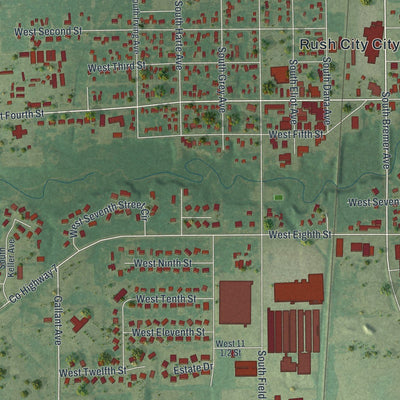Close-up of the map of Rush City, Minnesota print showing street and building detail