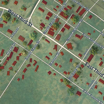 Close-up of the map of Imboden, Arkansas print showing street and building detail
