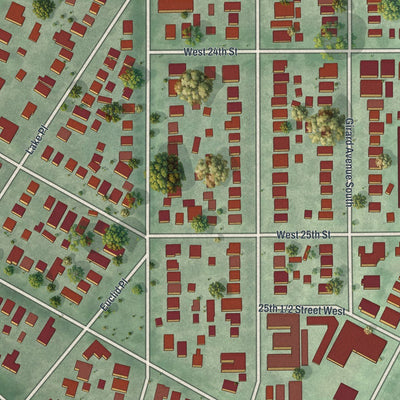 Close-up of the map of East Isles, Minnesota print showing street and building detail