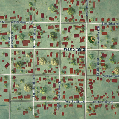 Close-up of the map of Payson, Illinois print showing street and building detail