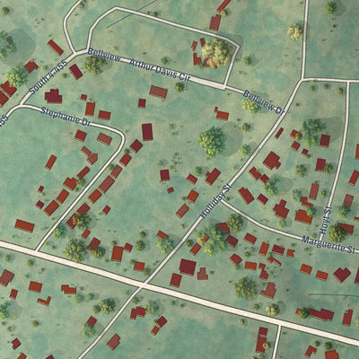 Close-up of the map of West Pelzer, South Carolina print showing street and building detail