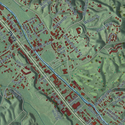 Close-up of the map of Pigeon Forge, Tennessee print showing street and building detail