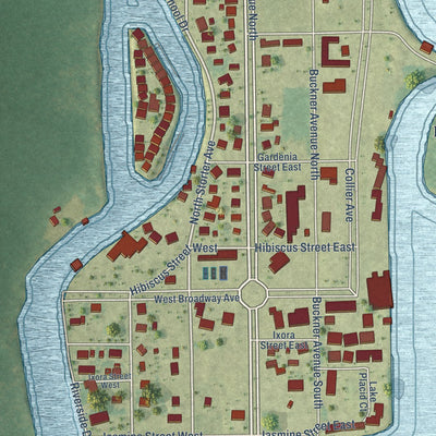 Close-up of the map of Everglades, Florida print showing street and building detail