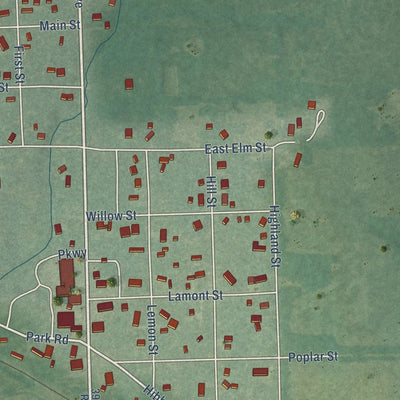 Close-up of the map of Dearing, Kansas print showing street and building detail