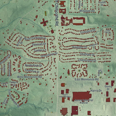 Close-up of the map of Aurora, Ohio print showing street and building detail
