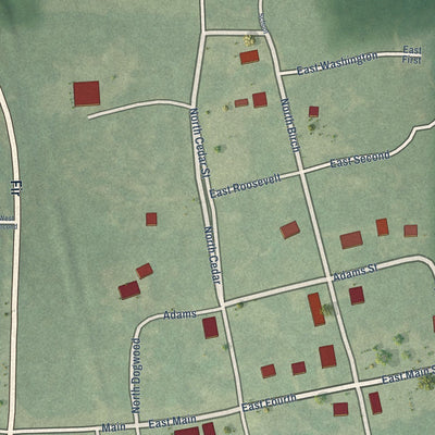Close-up of the map of Whelen Springs, Arkansas print showing street and building detail