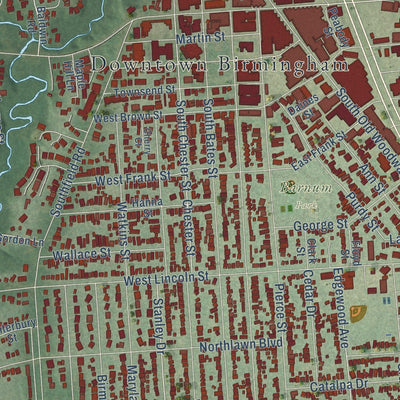 Close-up of the map of Birmingham, Michigan print showing street and building detail