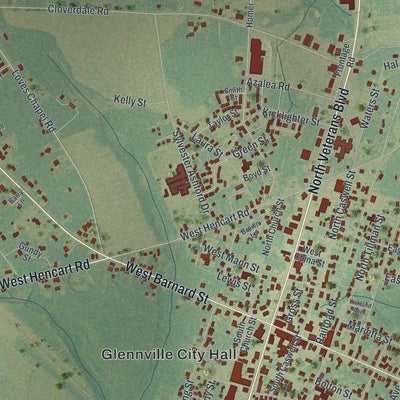 Close-up of the map of Glennville, Georgia print showing street and building detail