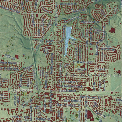 Close-up of the map of O'Fallon, Illinois print showing street and building detail