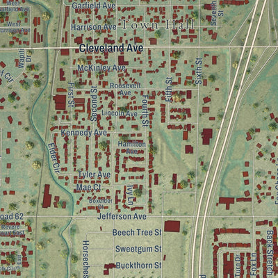 Close-up of the map of Wellington, Colorado print showing street and building detail