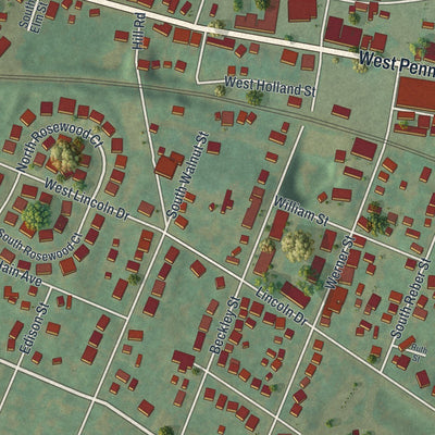 Close-up of the map of Wernersville, Pennsylvania print showing street and building detail